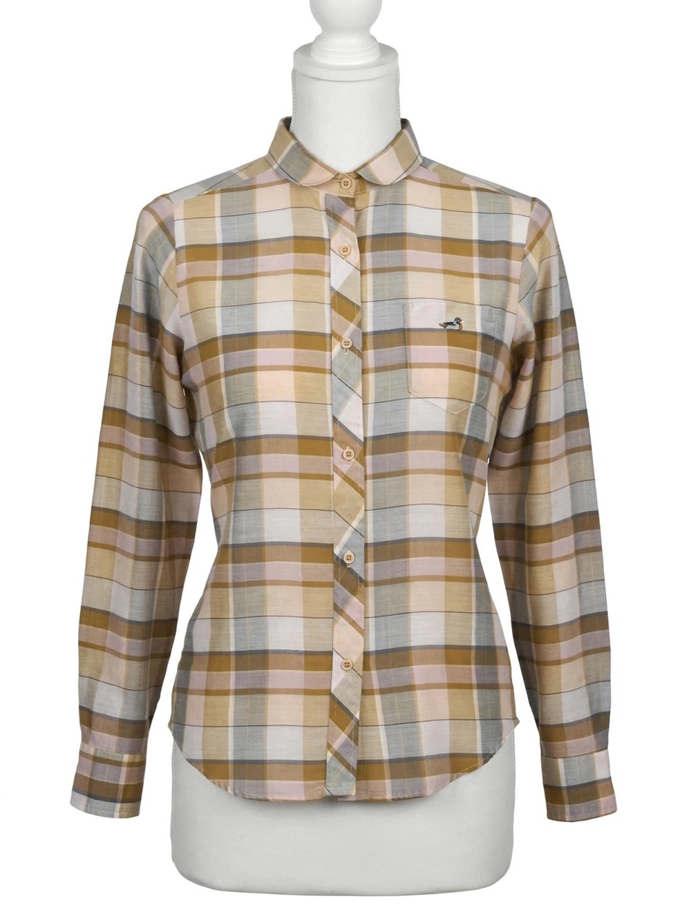 1970’s MH Decoy Collection S “Wood Duck”  Button-Up Shirt Ecru Plaid Eton Collar